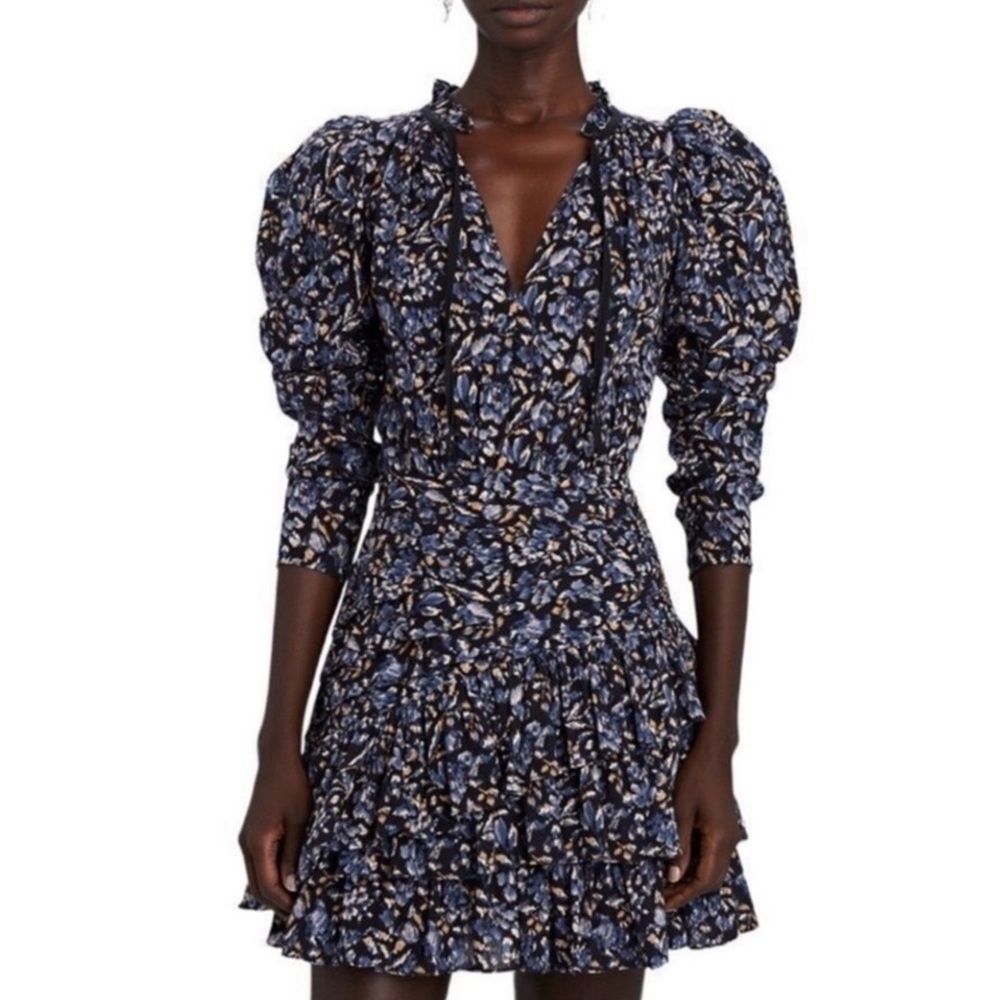 Ulla Johnson Navy Floral Long-Sleeve Ruffled Mini Dress
